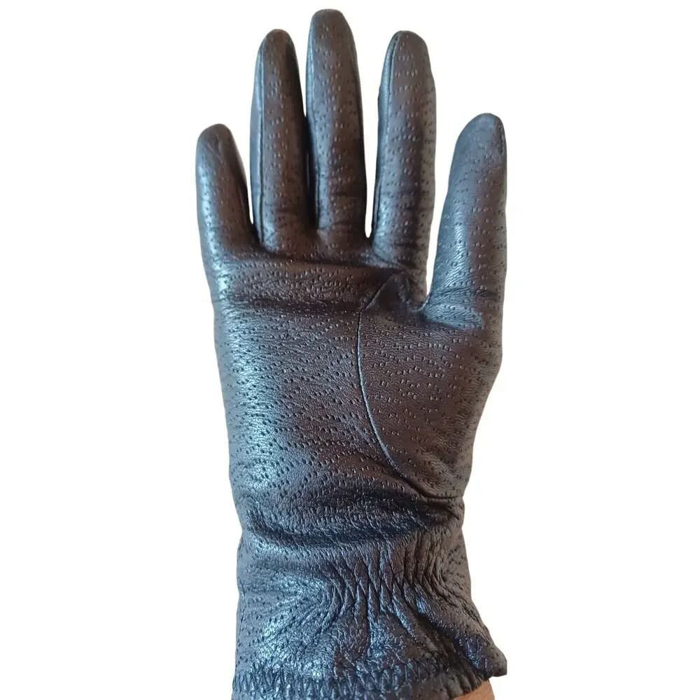 Vintage Peccary Black Leather Gloves Women's Medium Classic Durable Old Money